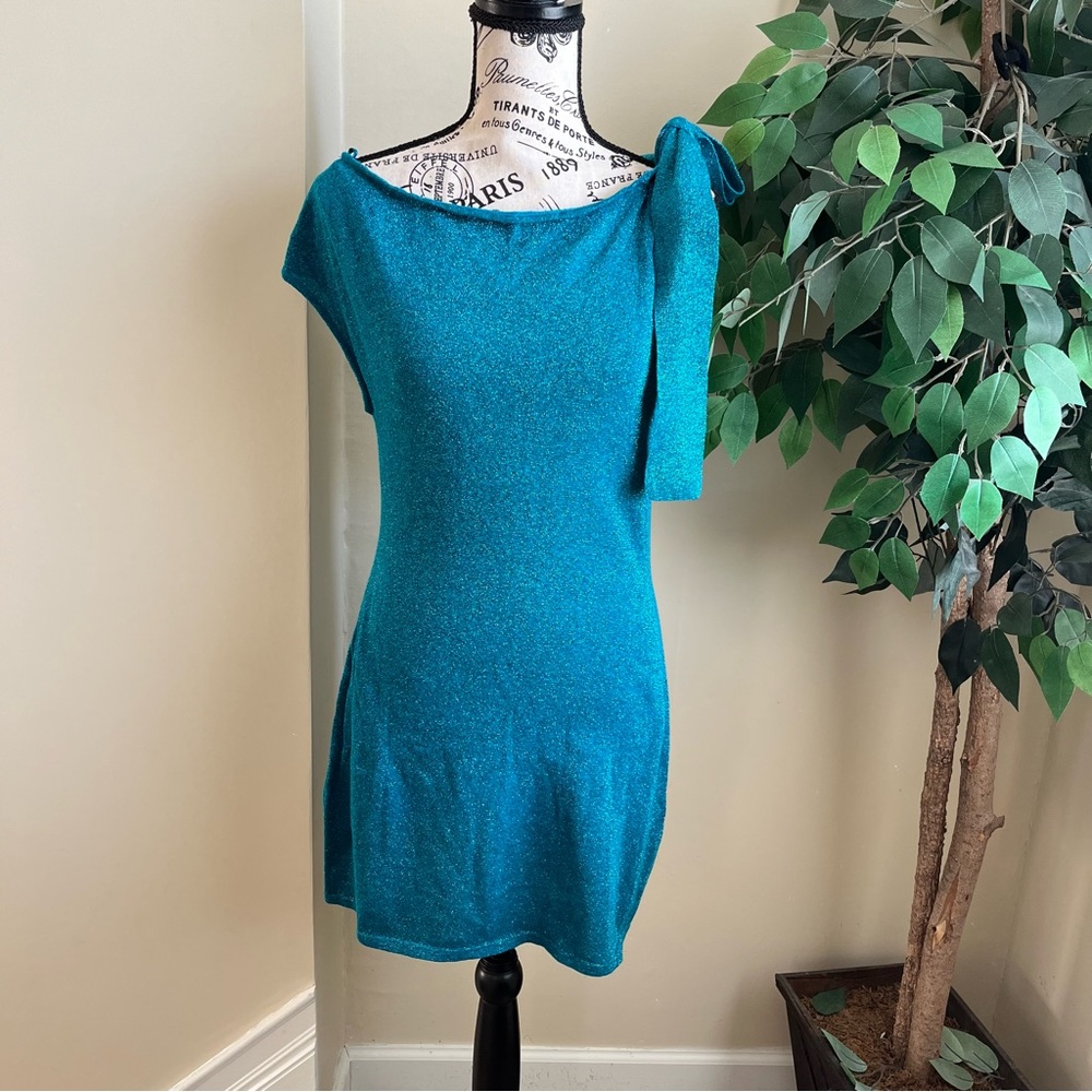 Mandee Metallic Shoulder-Tie Cocktail Dress Blue Sz M